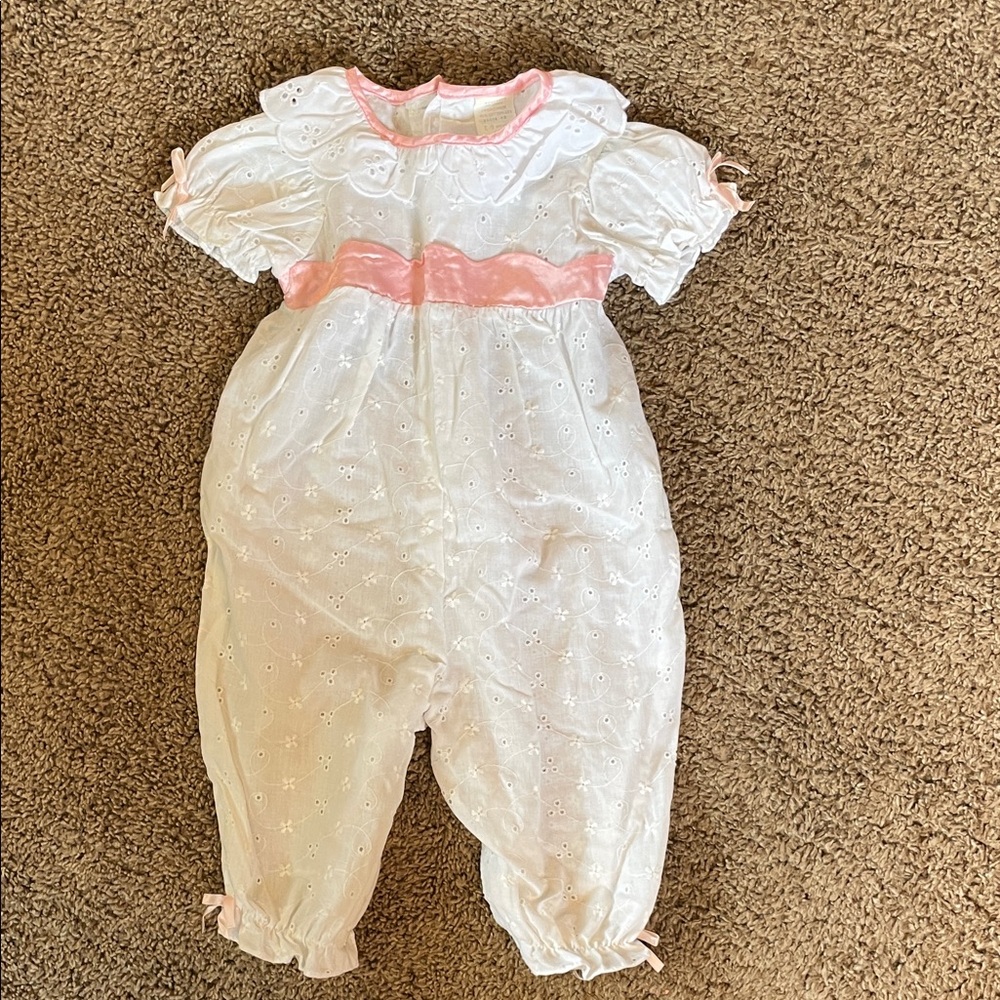 Vintage White Eyelet Baby Romper with Pink Accents